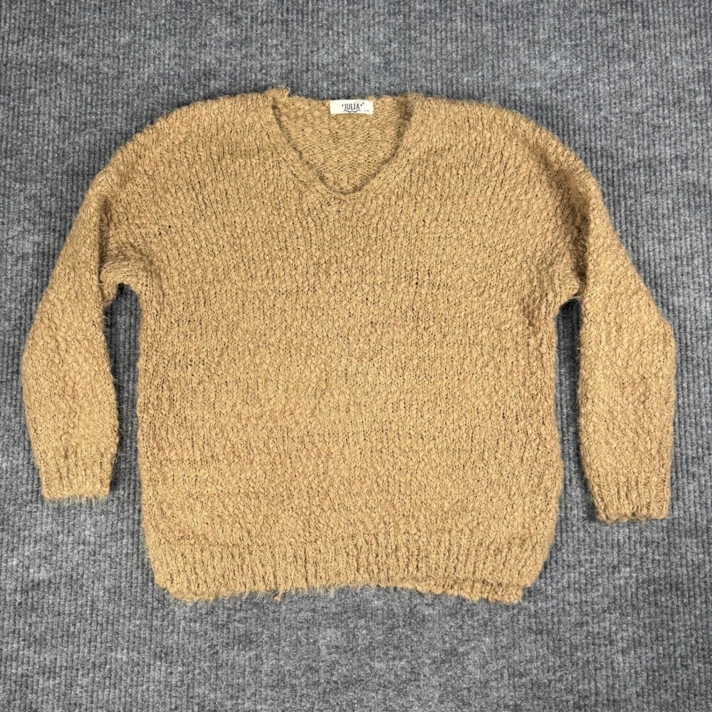 Julia Sweater Womens L/XL Tan Textured Chunky Knit V Neck Slouchy Cottage Cozy